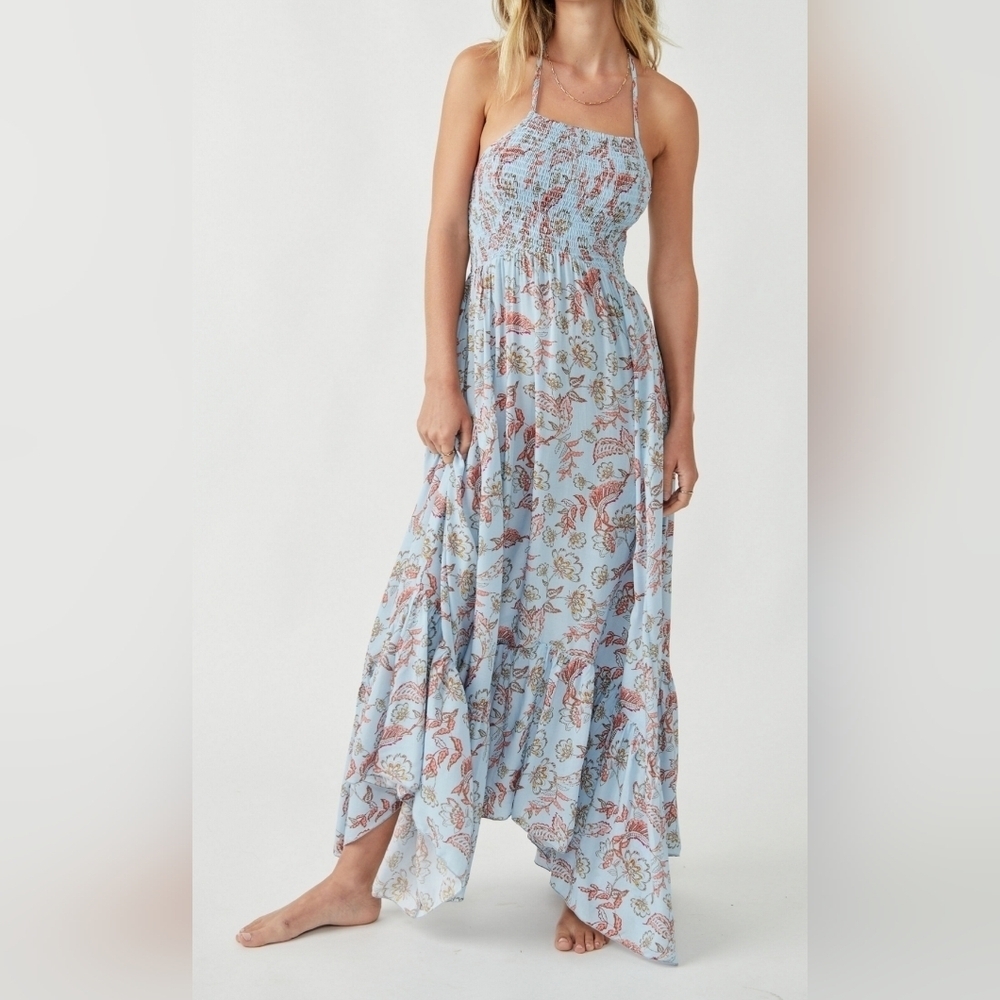 Free People Heat Wave Floral Print High/Low Dress in Robins Egg Combo S fairy - Picture 3 of 8